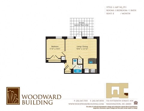 Floor plan for 1 bed, 1 bath, 687 sqft